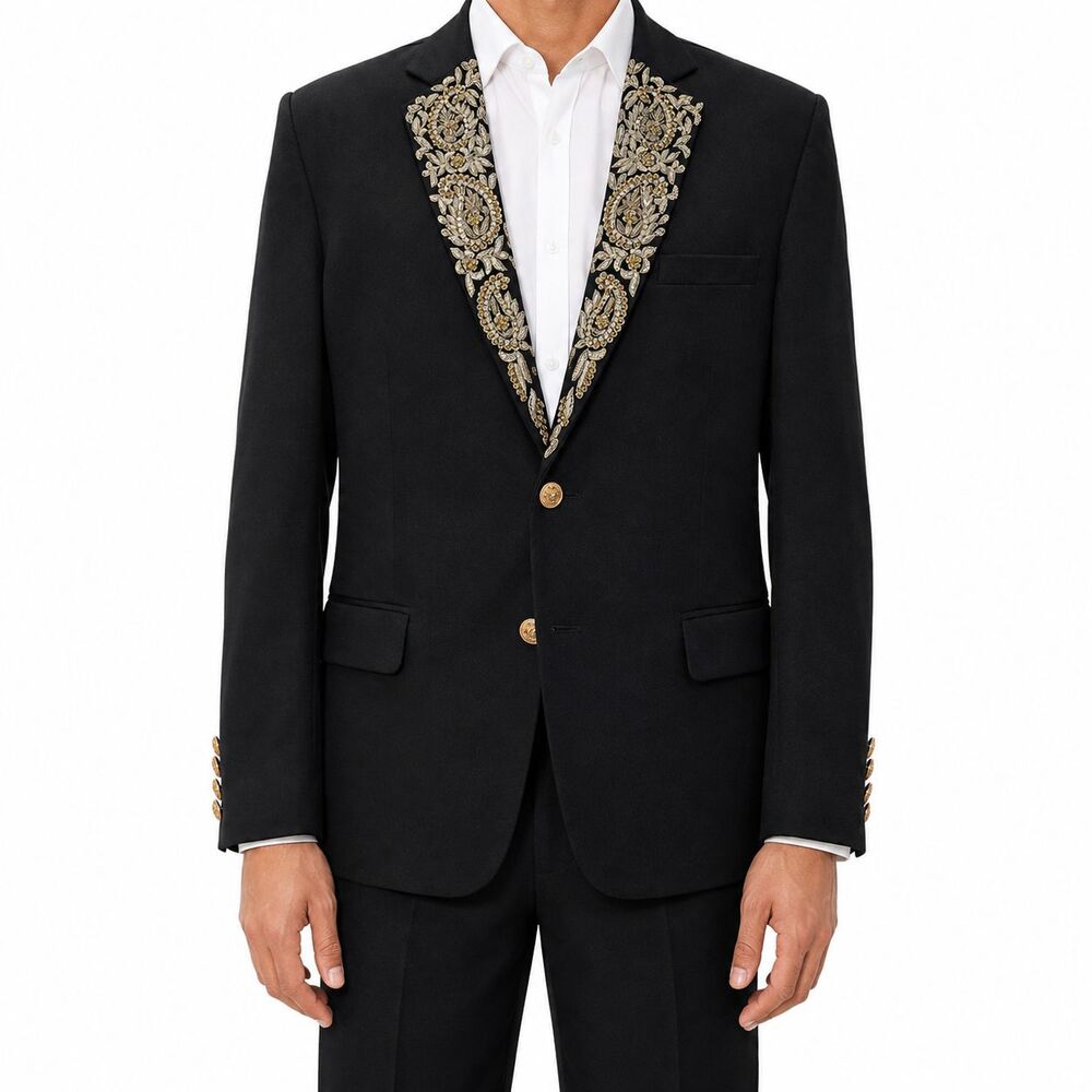 Mens 42R Black Wool Blazer Hand Embroidered Gold Paisley Tuxedo Suit Jacket